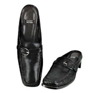 Stuart Weitzman Black Leather Mules/Slides Block Heel Buckle Detail  Womens 7.5B